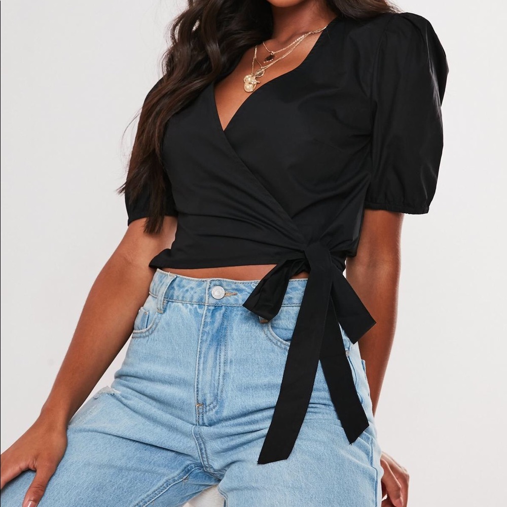 Poplin wrap front puff sleeve crop